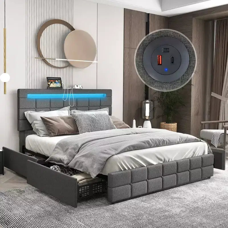 Letto a piattaforma completamente imbottito Costway con testiera a LED, stazione di ricarica e cassetto portaoggetti
