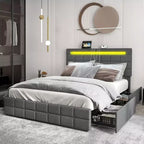 Letto a piattaforma completamente imbottito Costway con testiera a LED, stazione di ricarica e cassetto portaoggetti