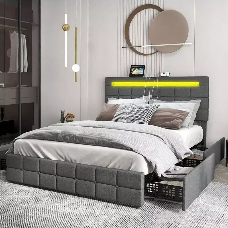 Letto a piattaforma completamente imbottito Costway con testiera a LED, stazione di ricarica e cassetto portaoggetti
