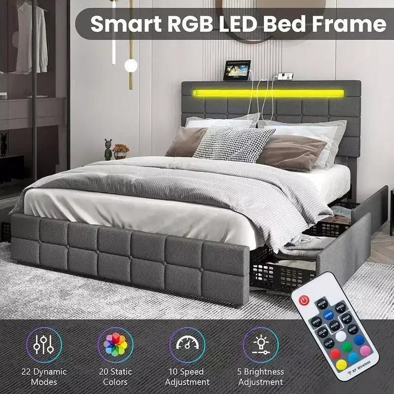 Letto a piattaforma completamente imbottito Costway con testiera a LED, stazione di ricarica e cassetto portaoggetti