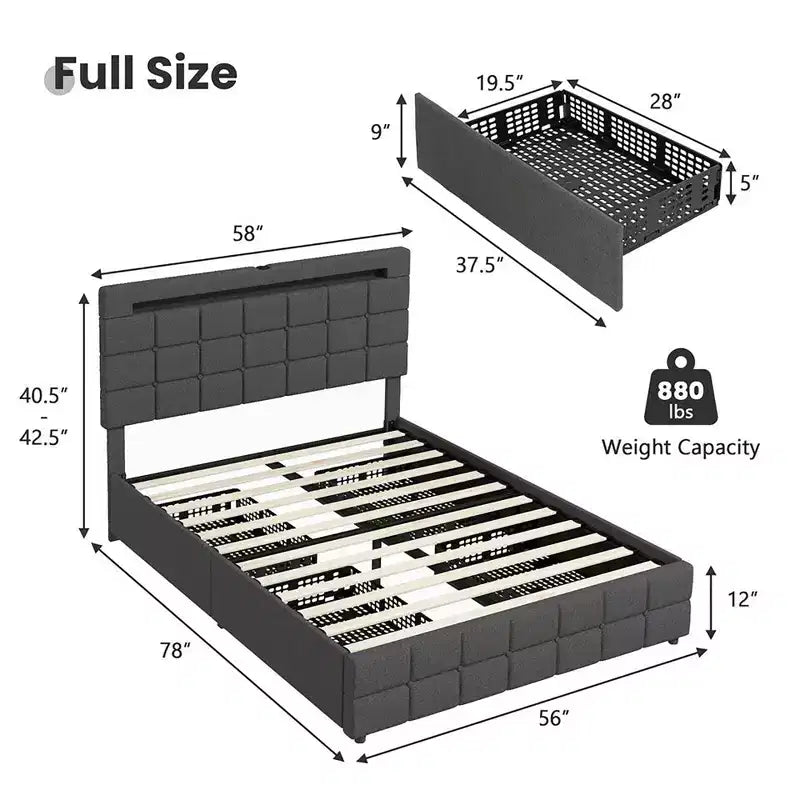 Letto a piattaforma completamente imbottito Costway con testiera a LED, stazione di ricarica e cassetto portaoggetti