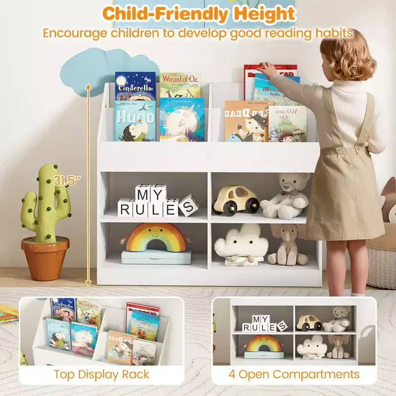 Libreria a 3 Ripiani per Bambini Costway con Scaffale Espositivo e 4 Scomparti per la Cameretta e la Stanza dei Giochi