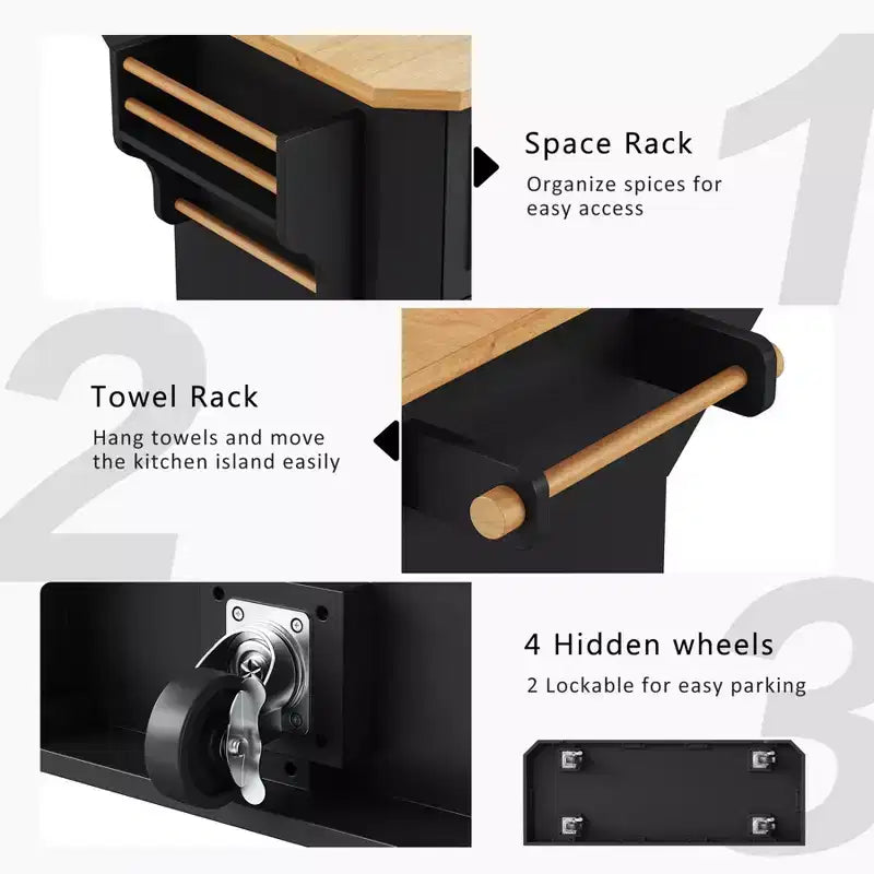 Isola da Cucina con Anta a Ribalta e Ruote, Carrello da Cucina con Cassetti e Scaffale, Isola da Cucina Mobile con Presa Elettrica