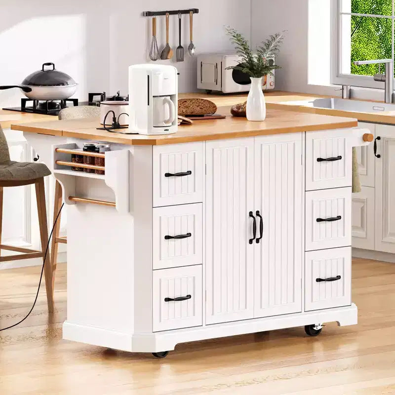 Isola da Cucina con Anta a Ribalta e Ruote, Carrello da Cucina con Cassetti e Scaffale, Isola da Cucina Mobile con Presa Elettrica