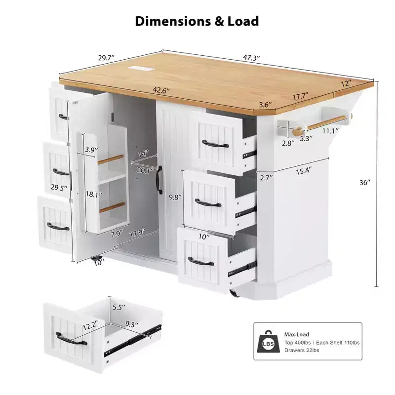 Isola da Cucina con Anta a Ribalta e Ruote, Carrello da Cucina con Cassetti e Scaffale, Isola da Cucina Mobile con Presa Elettrica