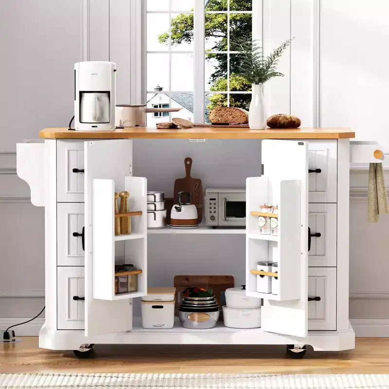 Isola da Cucina con Anta a Ribalta e Ruote, Carrello da Cucina con Cassetti e Scaffale, Isola da Cucina Mobile con Presa Elettrica