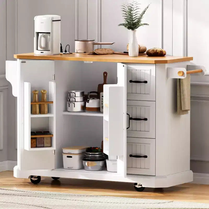 Isola da Cucina con Anta a Ribalta e Ruote, Carrello da Cucina con Cassetti e Scaffale, Isola da Cucina Mobile con Presa Elettrica