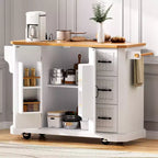 Isola da Cucina con Anta a Ribalta e Ruote, Carrello da Cucina con Cassetti e Scaffale, Isola da Cucina Mobile con Presa Elettrica