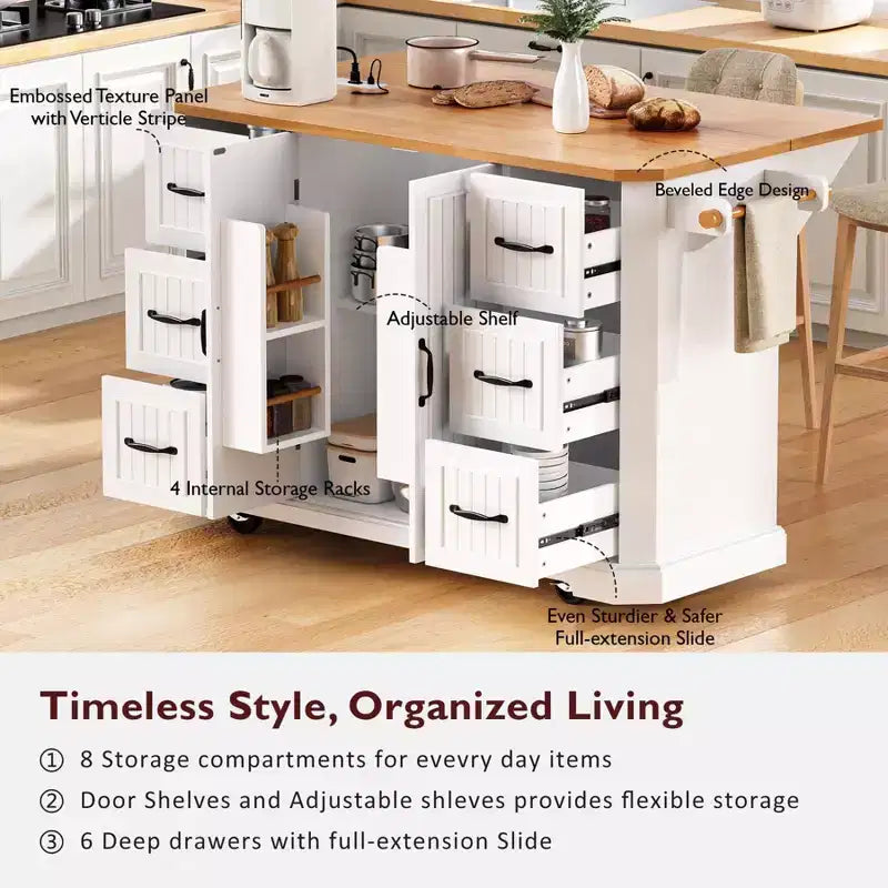 Isola da Cucina con Anta a Ribalta e Ruote, Carrello da Cucina con Cassetti e Scaffale, Isola da Cucina Mobile con Presa Elettrica