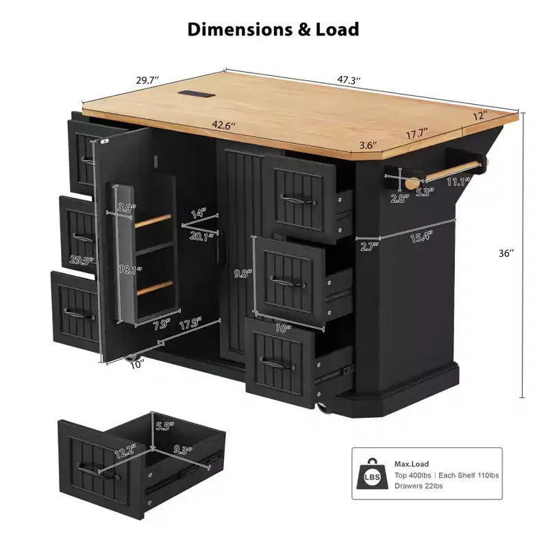Isola da Cucina con Anta a Ribalta e Ruote, Carrello da Cucina con Cassetti e Scaffale, Isola da Cucina Mobile con Presa Elettrica