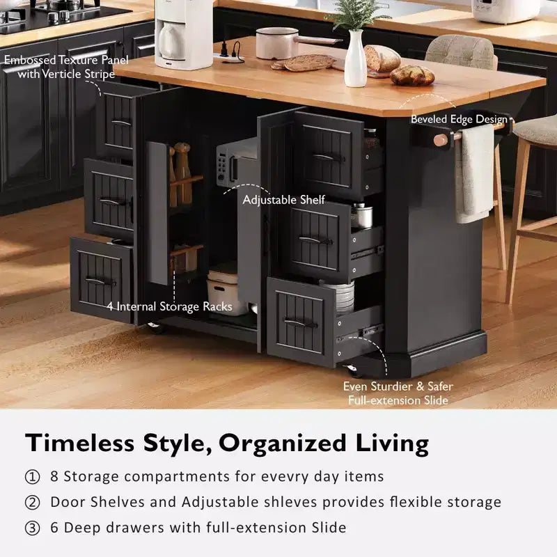 Isola da Cucina con Anta a Ribalta e Ruote, Carrello da Cucina con Cassetti e Scaffale, Isola da Cucina Mobile con Presa Elettrica