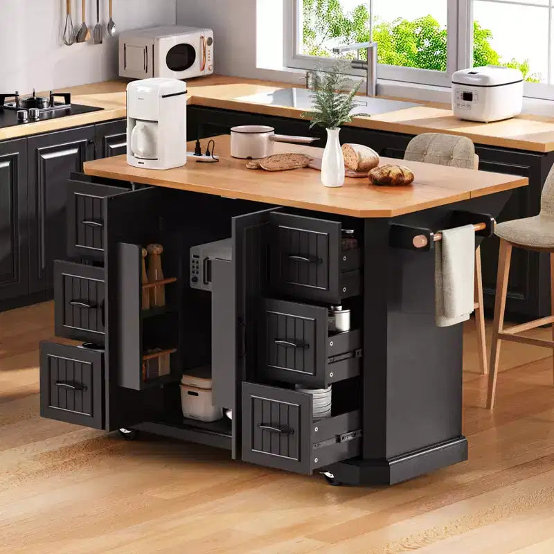 Kitchen Island with Drop Leaf and Wheels, Kitchen Storage Cart with Drawers and Storage Rack, Rolling Kitchen Island with Power Outlet