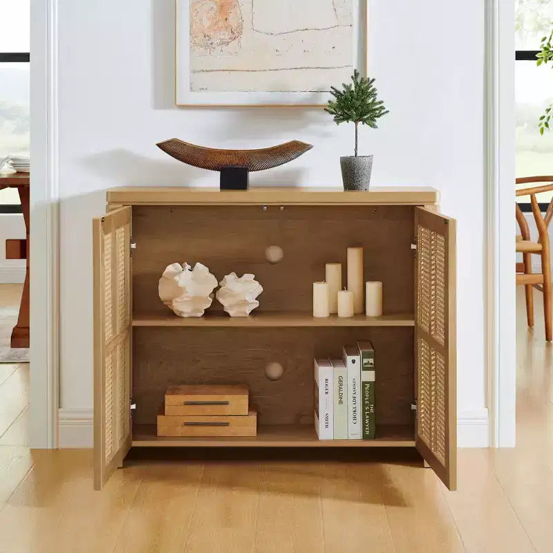 Okak Mid Century Wooden Buffet Sideboard Storage Cabinet with Rattan Doors,Retro Coffee Pantry Cabinets for Dining Room,Kitchen
