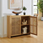 Okak Mid Century Wooden Buffet Sideboard Storage Cabinet with Rattan Doors,Retro Coffee Pantry Cabinets for Dining Room,Kitchen