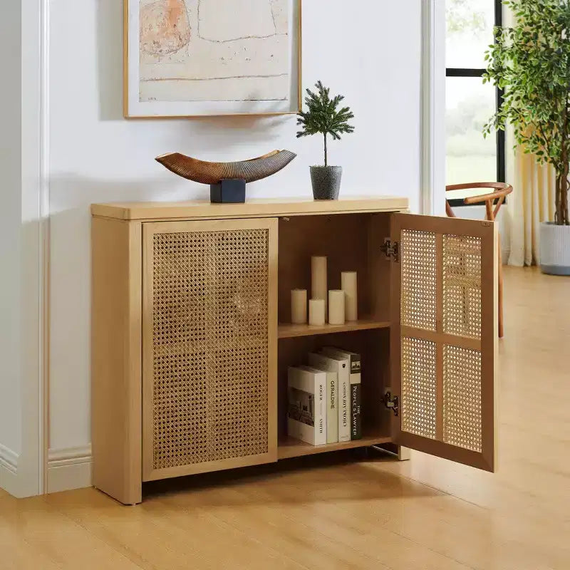 Okak Mid Century Wooden Buffet Sideboard Storage Cabinet with Rattan Doors,Retro Coffee Pantry Cabinets for Dining Room,Kitchen