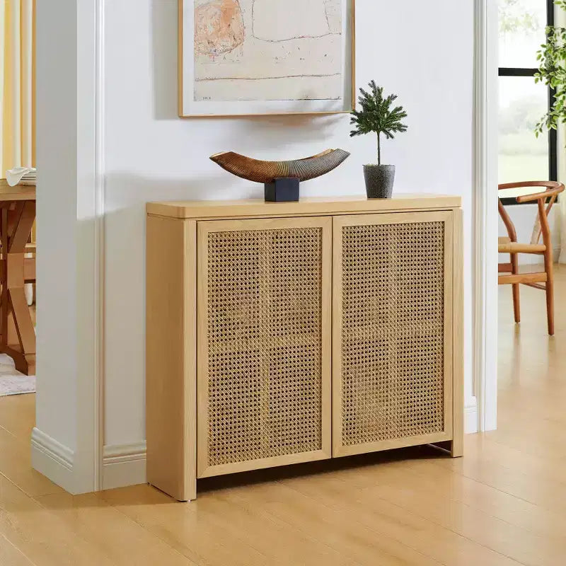 Okak Mid Century Wooden Buffet Sideboard Storage Cabinet with Rattan Doors,Retro Coffee Pantry Cabinets for Dining Room,Kitchen