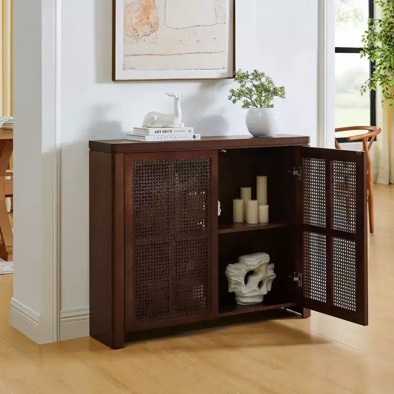 Okak Mid Century Wooden Buffet Sideboard Storage Cabinet with Rattan Doors,Retro Coffee Pantry Cabinets for Dining Room,Kitchen