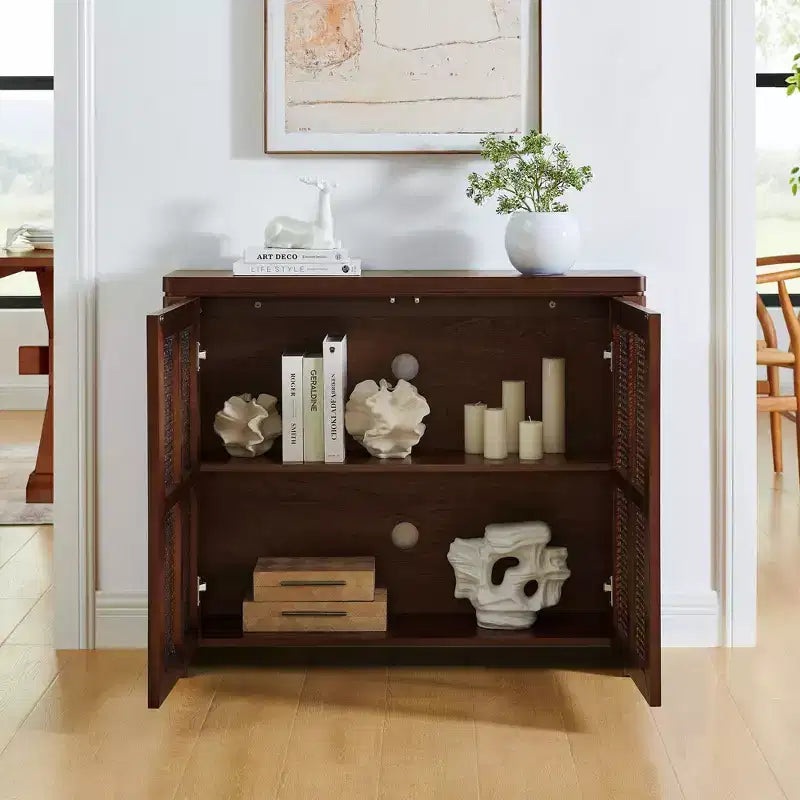 Okak Mid Century Wooden Buffet Sideboard Storage Cabinet with Rattan Doors,Retro Coffee Pantry Cabinets for Dining Room,Kitchen