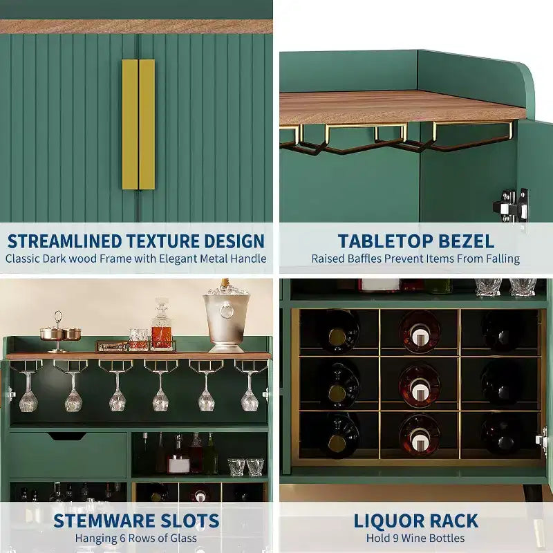 Mobile bar moderno con portabottiglie e credenza a buffet, ante in vetro scanalato e cassetti portaoggetti per cucina, sala da pranzo