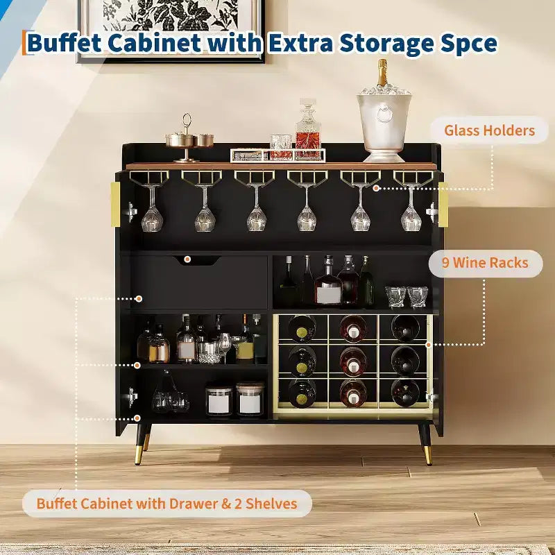 Mobile bar moderno con portabottiglie e credenza a buffet, ante in vetro scanalato e cassetti portaoggetti per cucina, sala da pranzo