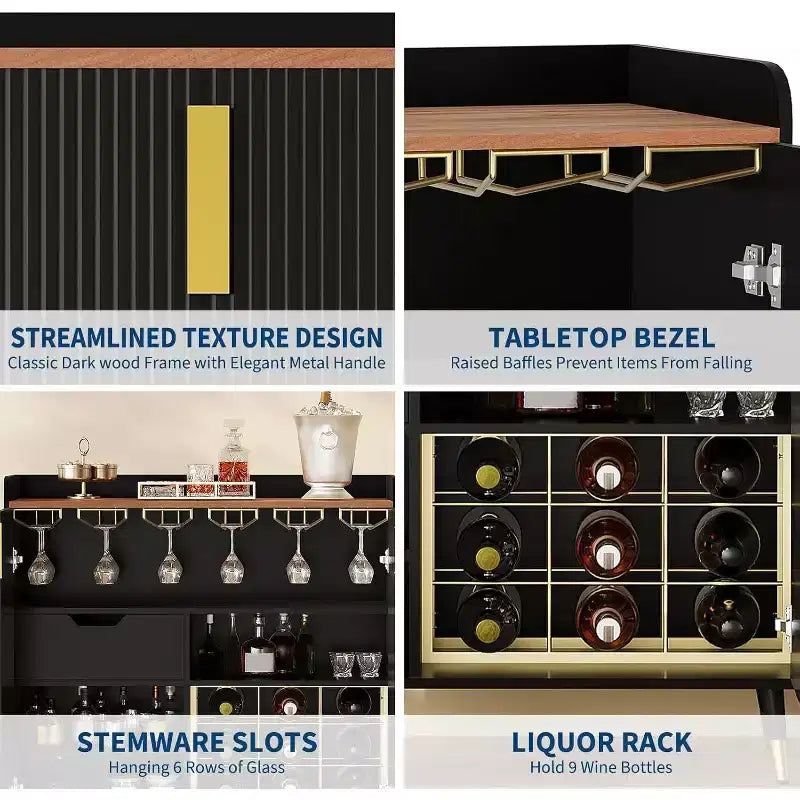 Mobile bar moderno con portabottiglie e credenza a buffet, ante in vetro scanalato e cassetti portaoggetti per cucina, sala da pranzo