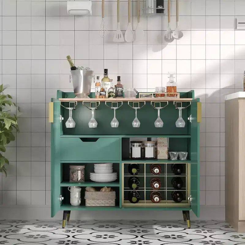 Mobile bar moderno con portabottiglie e credenza a buffet, ante in vetro scanalato e cassetti portaoggetti per cucina, sala da pranzo
