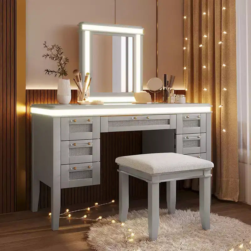 Whisen 44.37 Makeup Vanity Desk, Large Dressing Vanity Table with Tri-Fold Mirror, 5 Drawers, Shelves and 2 Cabinets