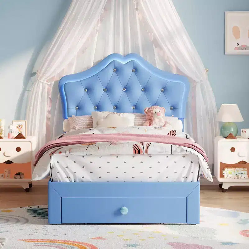 Letto a una piazza con luci a LED e testiera in velluto con bottoni in cristallo, letto imbottito per ragazzo/ragazza con cassetto portaoggetti, nessuna molla necessaria
