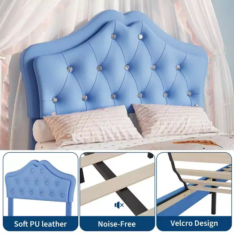 Letto a una piazza con luci a LED e testiera in velluto con bottoni in cristallo, letto imbottito per ragazzo/ragazza con cassetto portaoggetti, nessuna molla necessaria