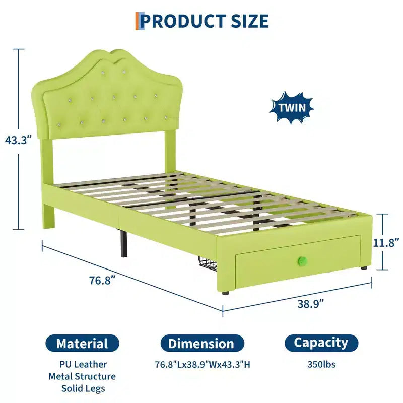 Letto a una piazza con luci a LED e testiera in velluto con bottoni in cristallo, letto imbottito per ragazzo/ragazza con cassetto portaoggetti, nessuna molla necessaria