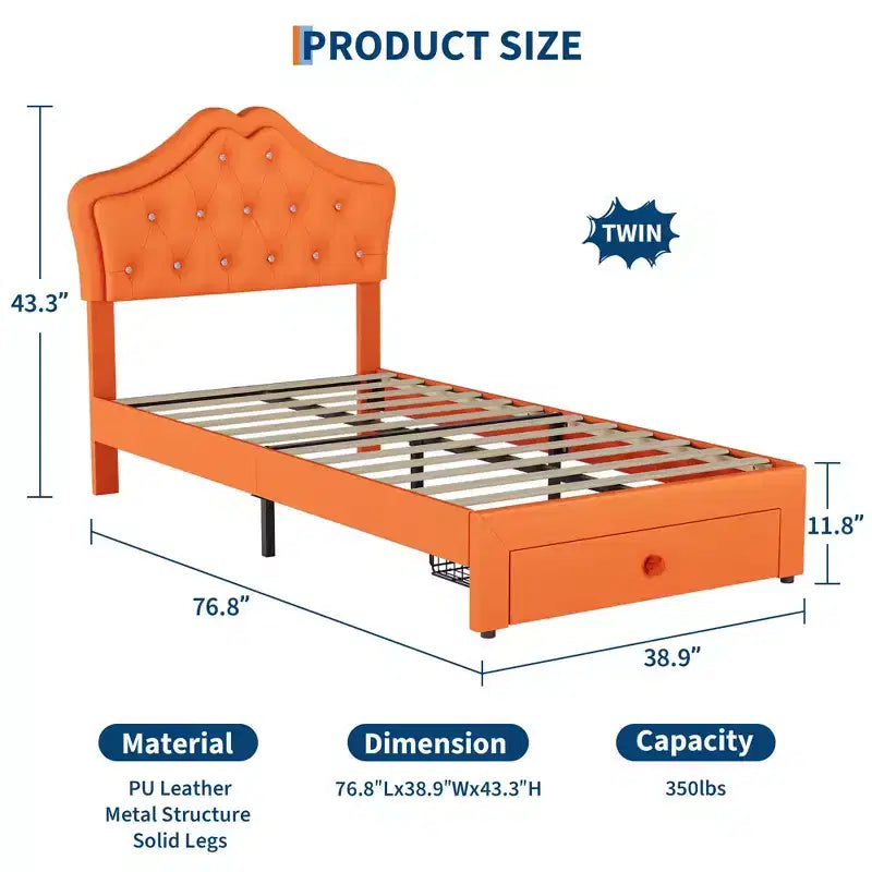 Letto a una piazza con luci a LED e testiera in velluto con bottoni in cristallo, letto imbottito per ragazzo/ragazza con cassetto portaoggetti, nessuna molla necessaria