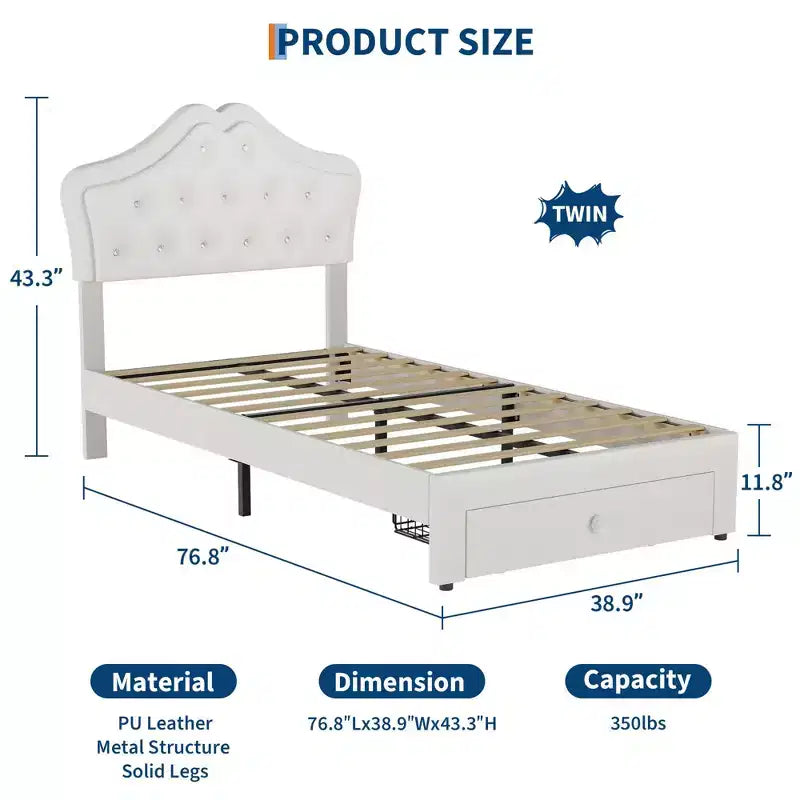 Letto a una piazza con luci a LED e testiera in velluto con bottoni in cristallo, letto imbottito per ragazzo/ragazza con cassetto portaoggetti, nessuna molla necessaria