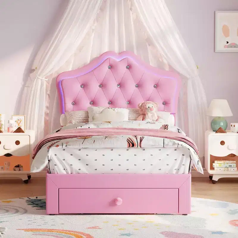 Letto a una piazza con luci a LED e testiera in velluto con bottoni in cristallo, letto imbottito per ragazzo/ragazza con cassetto portaoggetti, nessuna molla necessaria