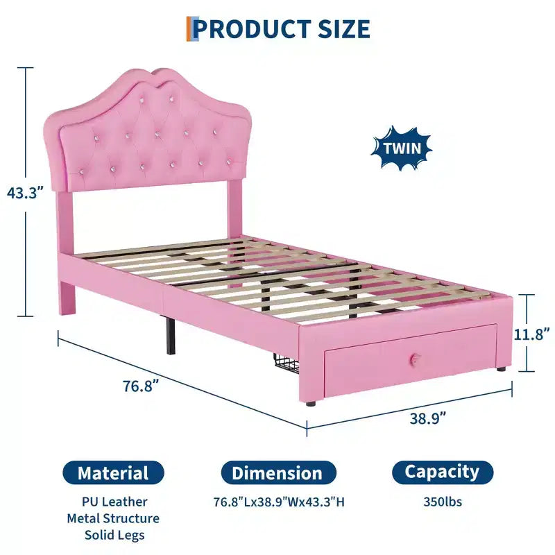 Letto a una piazza con luci a LED e testiera in velluto con bottoni in cristallo, letto imbottito per ragazzo/ragazza con cassetto portaoggetti, nessuna molla necessaria