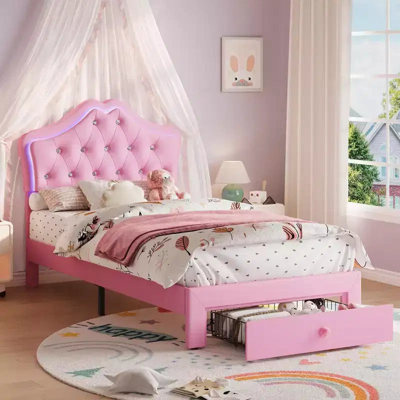 Letto a una piazza con luci a LED e testiera in velluto con bottoni in cristallo, letto imbottito per ragazzo/ragazza con cassetto portaoggetti, nessuna molla necessaria