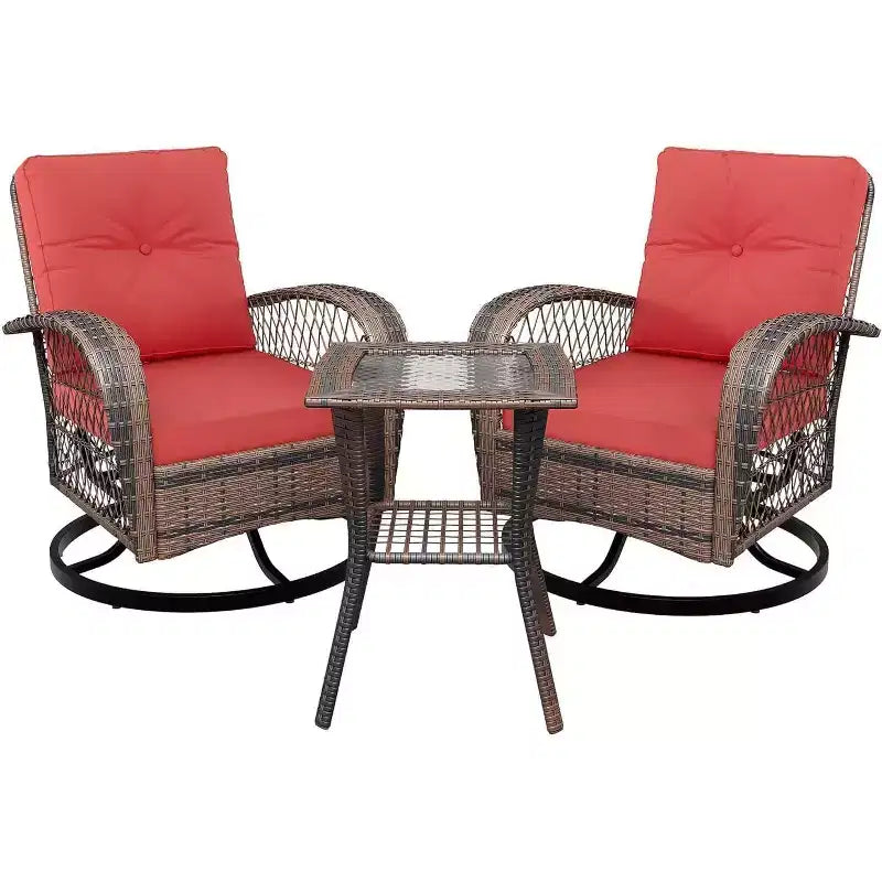 3-Piece Swivel Rocking Patio Chairs Set with 2 360-Degree Swivel Rocking Chairs and Tempered Glass Top Side Tabl, Outdoor Wicker Patio