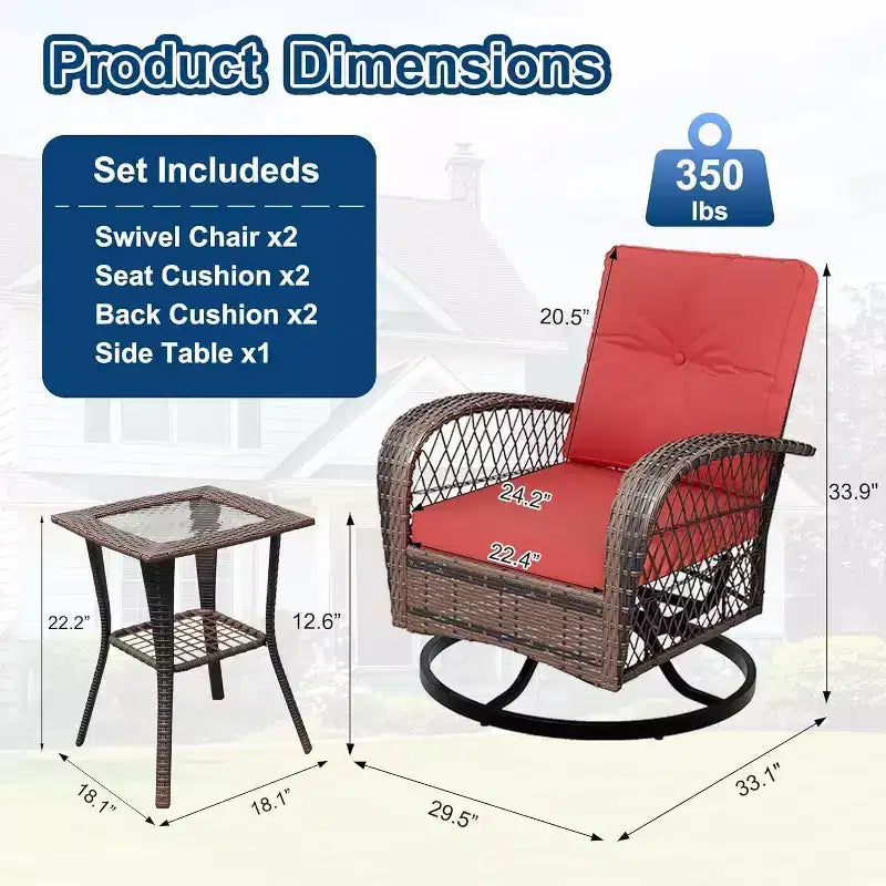 Set da 3 Pezzi con 2 Poltrone a Dondolo Girevoli a 360 Gradi e Tavolino con Piano in Vetro Temperato, in Rattan da Esterno