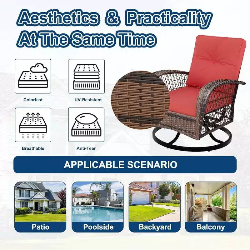 Set da 3 Pezzi con 2 Poltrone a Dondolo Girevoli a 360 Gradi e Tavolino con Piano in Vetro Temperato, in Rattan da Esterno