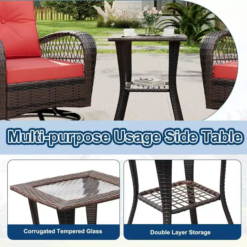 Set da 3 Pezzi con 2 Poltrone a Dondolo Girevoli a 360 Gradi e Tavolino con Piano in Vetro Temperato, in Rattan da Esterno