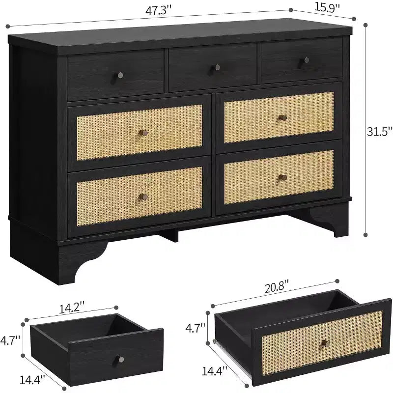 Cassettiera Acekool a 7 cassetti, cassettiera larga 120 cm con cassetti in rattan naturale, organizer in legno per camera da letto, soggiorno, ingresso