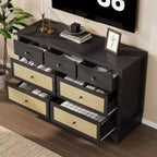 Cassettiera Acekool a 7 cassetti, cassettiera larga 120 cm con cassetti in rattan naturale, organizer in legno per camera da letto, soggiorno, ingresso