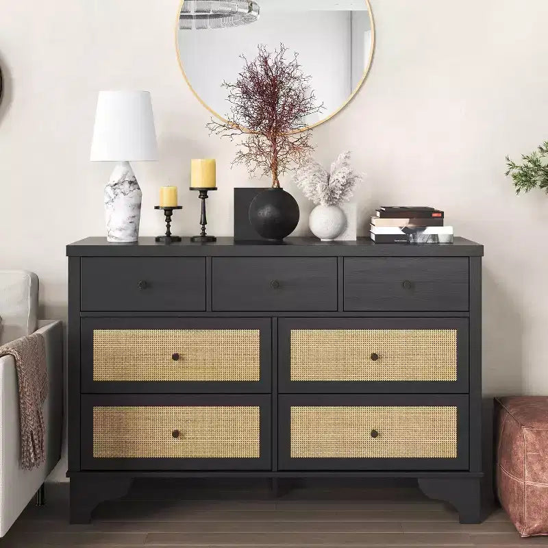 Cassettiera Acekool a 7 cassetti, cassettiera larga 120 cm con cassetti in rattan naturale, organizer in legno per camera da letto, soggiorno, ingresso