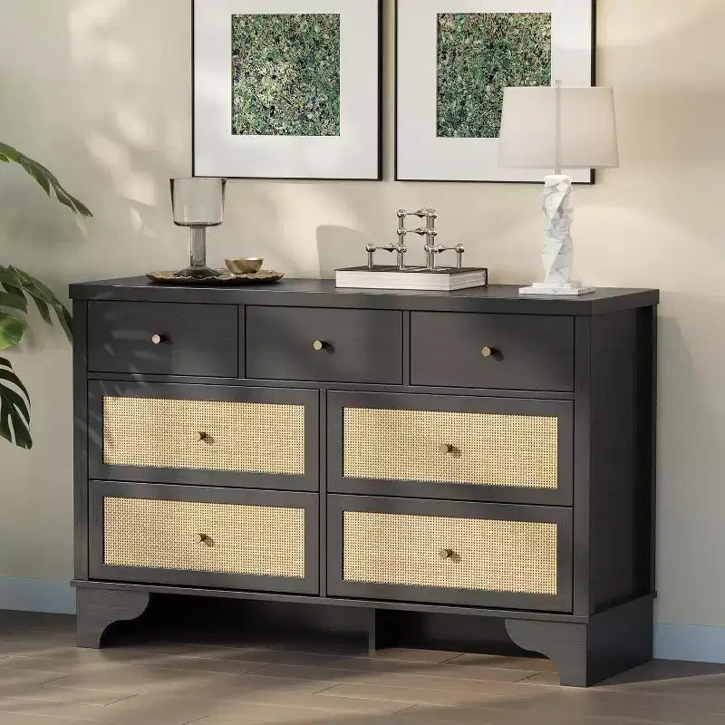 Cassettiera Acekool a 7 cassetti, cassettiera larga 120 cm con cassetti in rattan naturale, organizer in legno per camera da letto, soggiorno, ingresso