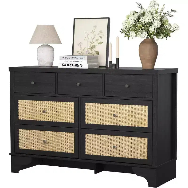 Cassettiera Acekool a 7 cassetti, cassettiera larga 120 cm con cassetti in rattan naturale, organizer in legno per camera da letto, soggiorno, ingresso