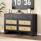 Acekool 7 Drawer Dresser, 47.3 Wide Chest with Natural Rattan Drawers, Wood Storage Organizer for Bedroom, Living Room, Entryway