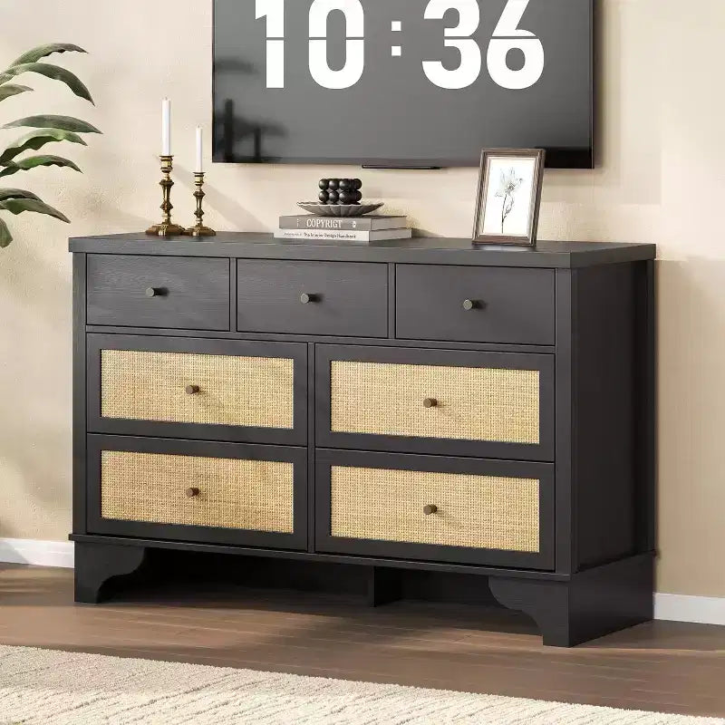 Acekool 7 Drawer Dresser, 47.3 Wide Chest with Natural Rattan Drawers, Wood Storage Organizer for Bedroom, Living Room, Entryway