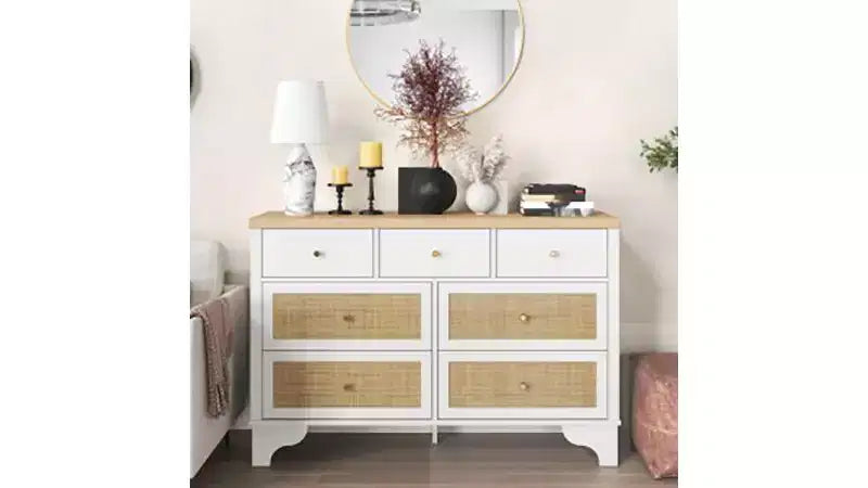 Cassettiera Acekool a 7 cassetti, cassettiera larga 120 cm con cassetti in rattan naturale, organizer in legno per camera da letto, soggiorno, ingresso