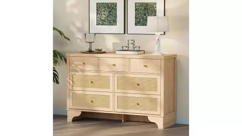 Cassettiera Acekool a 7 cassetti, cassettiera larga 120 cm con cassetti in rattan naturale, organizer in legno per camera da letto, soggiorno, ingresso