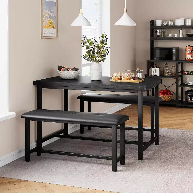 3-Piece Small Farmhouse Dining Tables for 4, 44.4 Rectangular Wood Table with 2 Upholstered Benches,Kitchen Table Set for 4