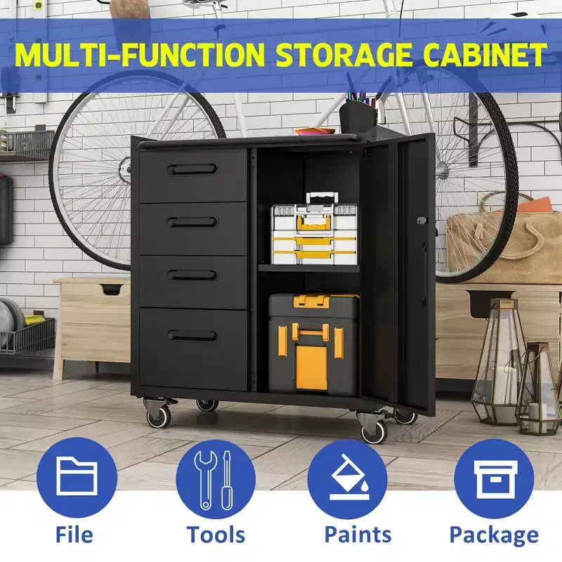 VIYET 35H Armadietto Portautensili in Acciaio Resistente con Ruote - Cassetti Organizzati + Vano Portatutto con Serratura (Ripiano Regolabile), per Garage/Casa/Ufficio/Officina